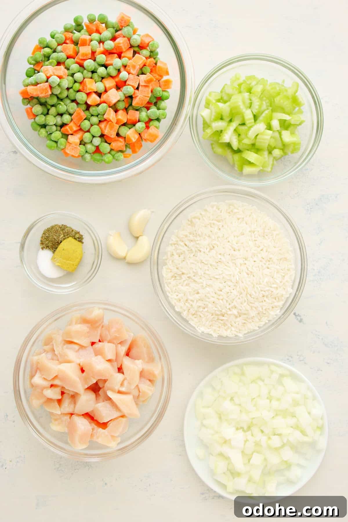 Ingredients on a white board.