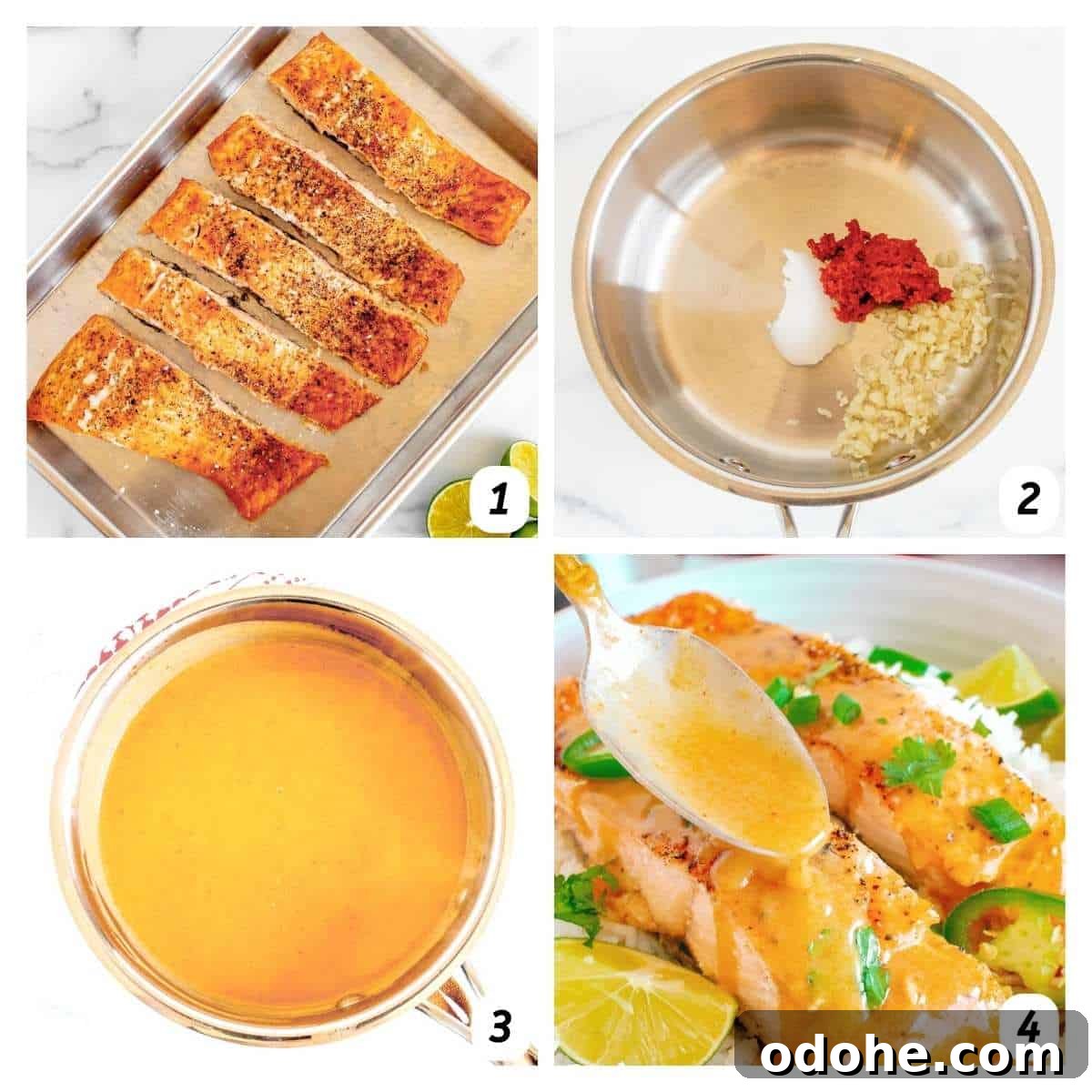 Thai-Style Salmon with Coconut Lime Sauce 4 Four panel grid of process shots - seasoning salmon and baking, combining ingredients to make sauce in a saucepan, and covering salmon with sauce.