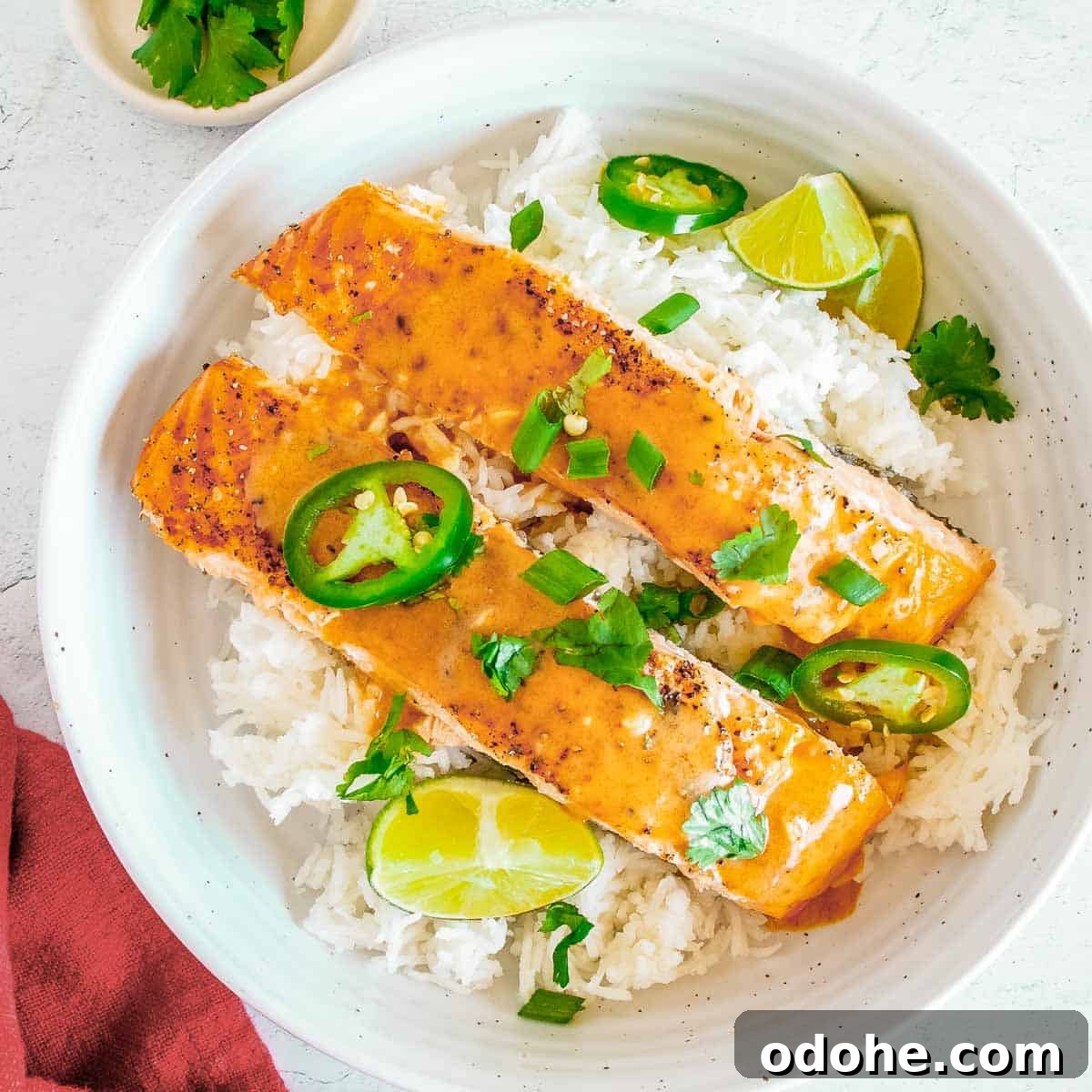 Thai-Style Salmon with Coconut Lime Sauce 5 Overhead view of two pieces of salmon on a bed of rice garnished with parsley and cut jalapeños in a large white bowl with lime wedges on the side.