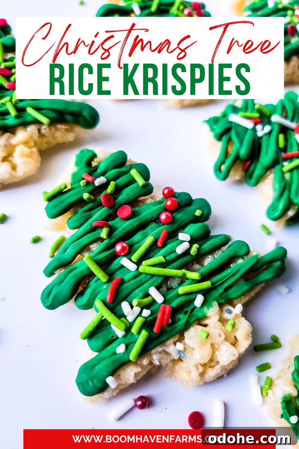 Christmas tree shaped Rice Krispies with icing and sprinkles