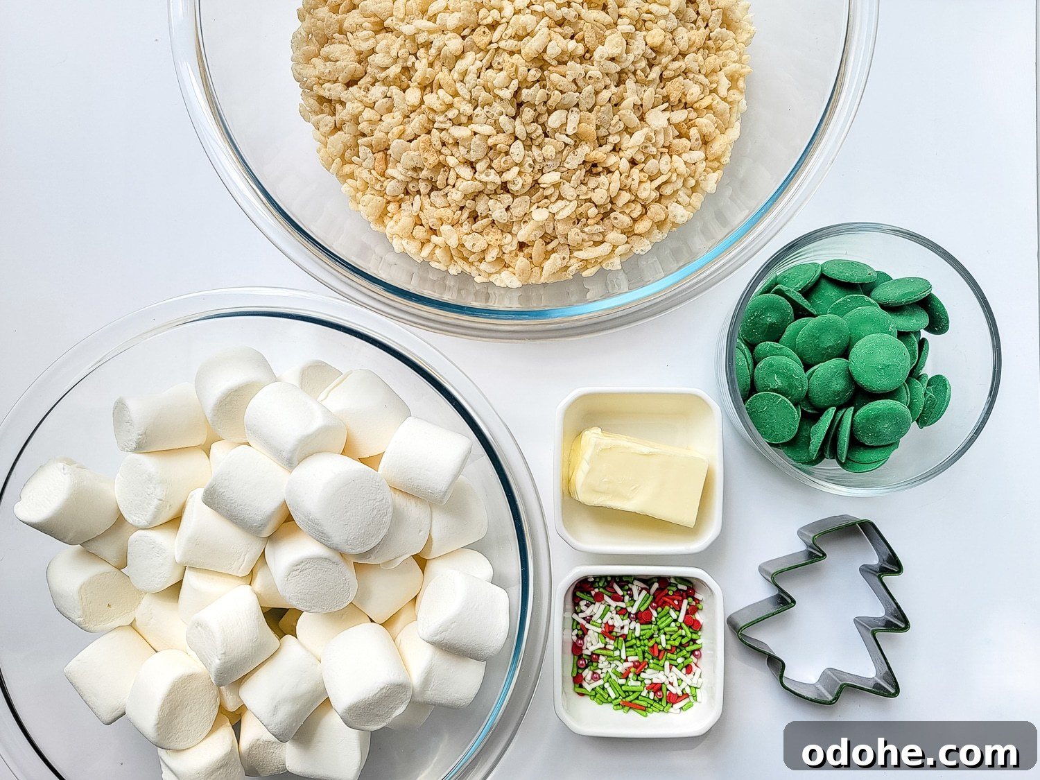 ingredients in bowls for Christmas trees rice Krispy treats