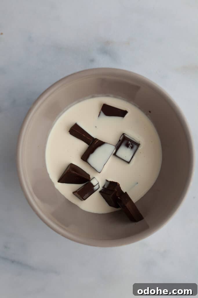 A grey bowl with chocolate and cream