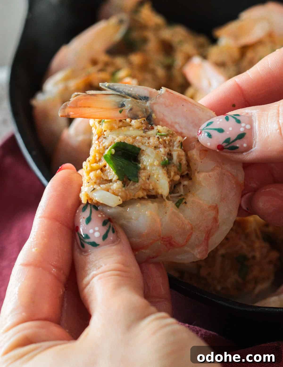 Showing a finished stuffed shrimp.