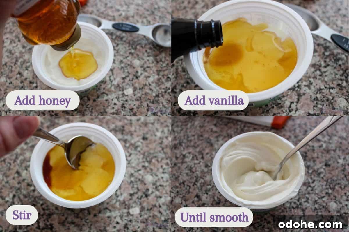 Step-by-step images showing the preparation of yogurt dip on a granite countertop. Top left: Pouring honey into Greek yogurt. Top right: Adding vanilla extract to the mix. Bottom left: Stirring the honey and vanilla into the yogurt. Bottom right: The yogurt mixture fully combined.