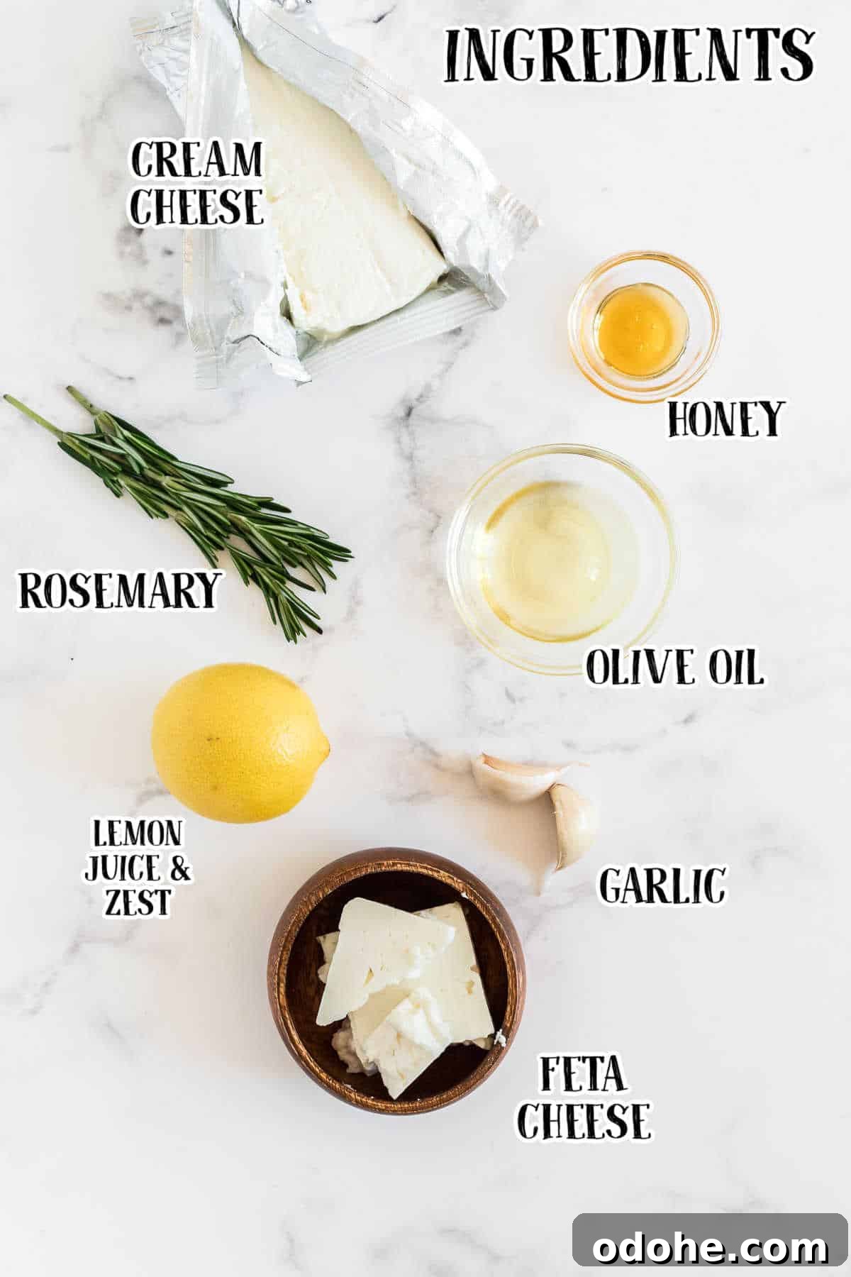 Creamy Whipped Feta Dip Recipe for Parties and Appetizers 3 labeled picture of ingredients