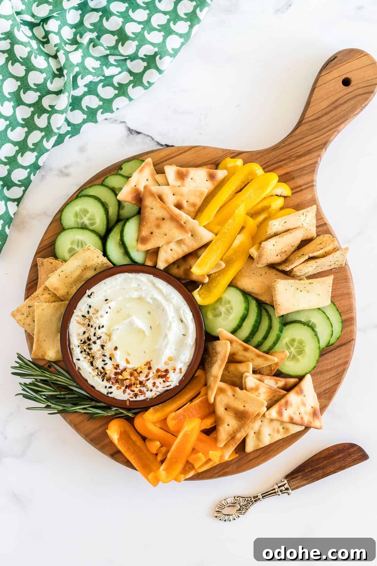 Creamy Whipped Feta Dip Recipe for Parties and Appetizers 8 overhead picture of platter of veggies and whipped feta dip