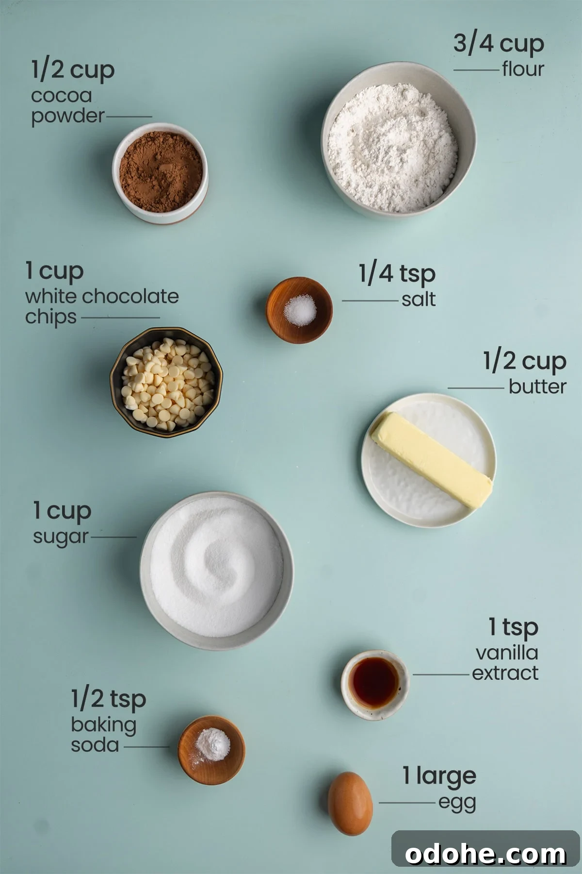 All ingredients needed for Chocolate Cookies with White Chocolate Chips including cocoa powder, flour, salt, white chocolate chips, unsalted butter, granulated sugar, vanilla extract, baking soda, and an egg