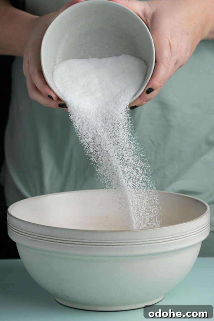 Adding sugar to softened butter to cream together for the base of cookie dough.
