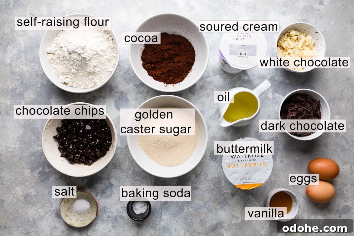 Chocolate Fudge Spiderweb Muffins Recipe — Decadent Halloween Treat 3 the ingredients for chocolate fudge muffins with text labels.