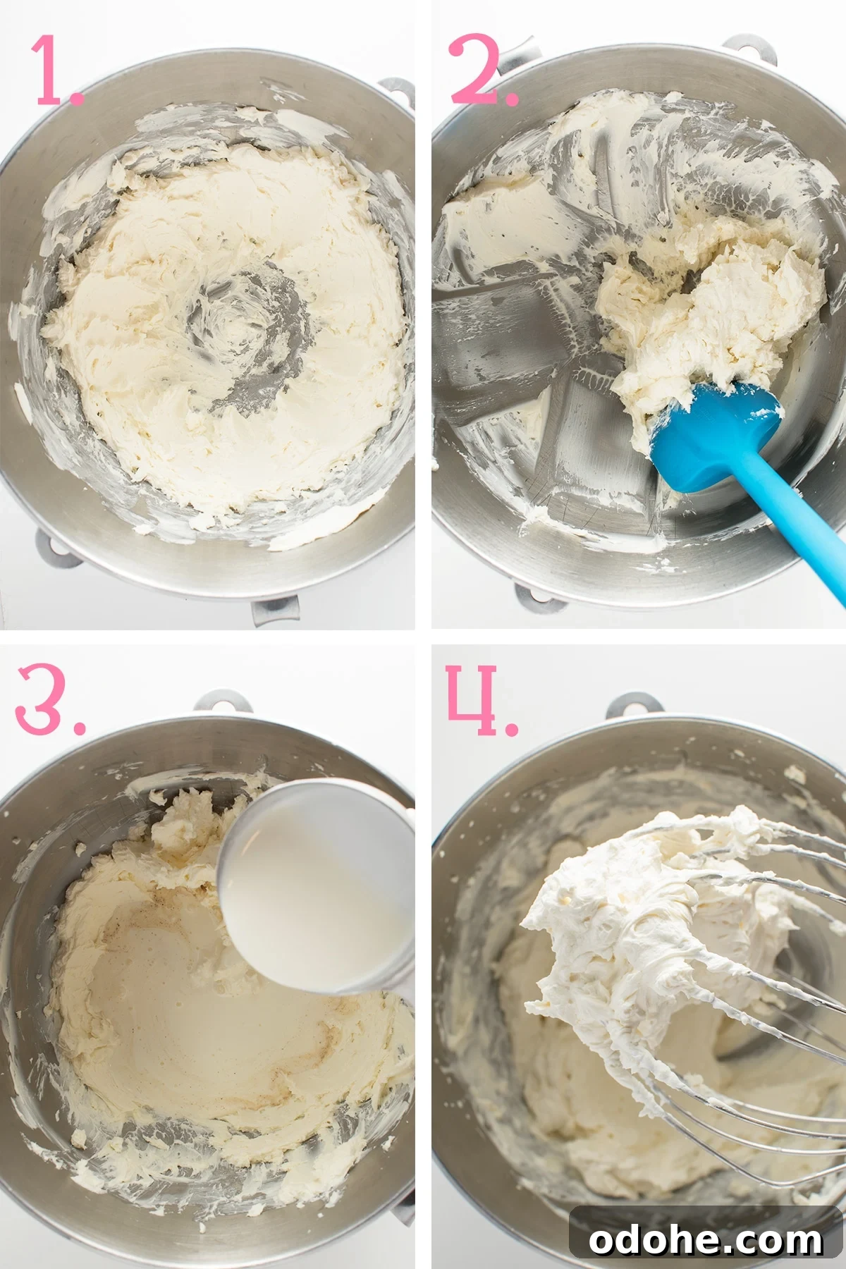A four panel photograph showing the stages of making low carb frosting