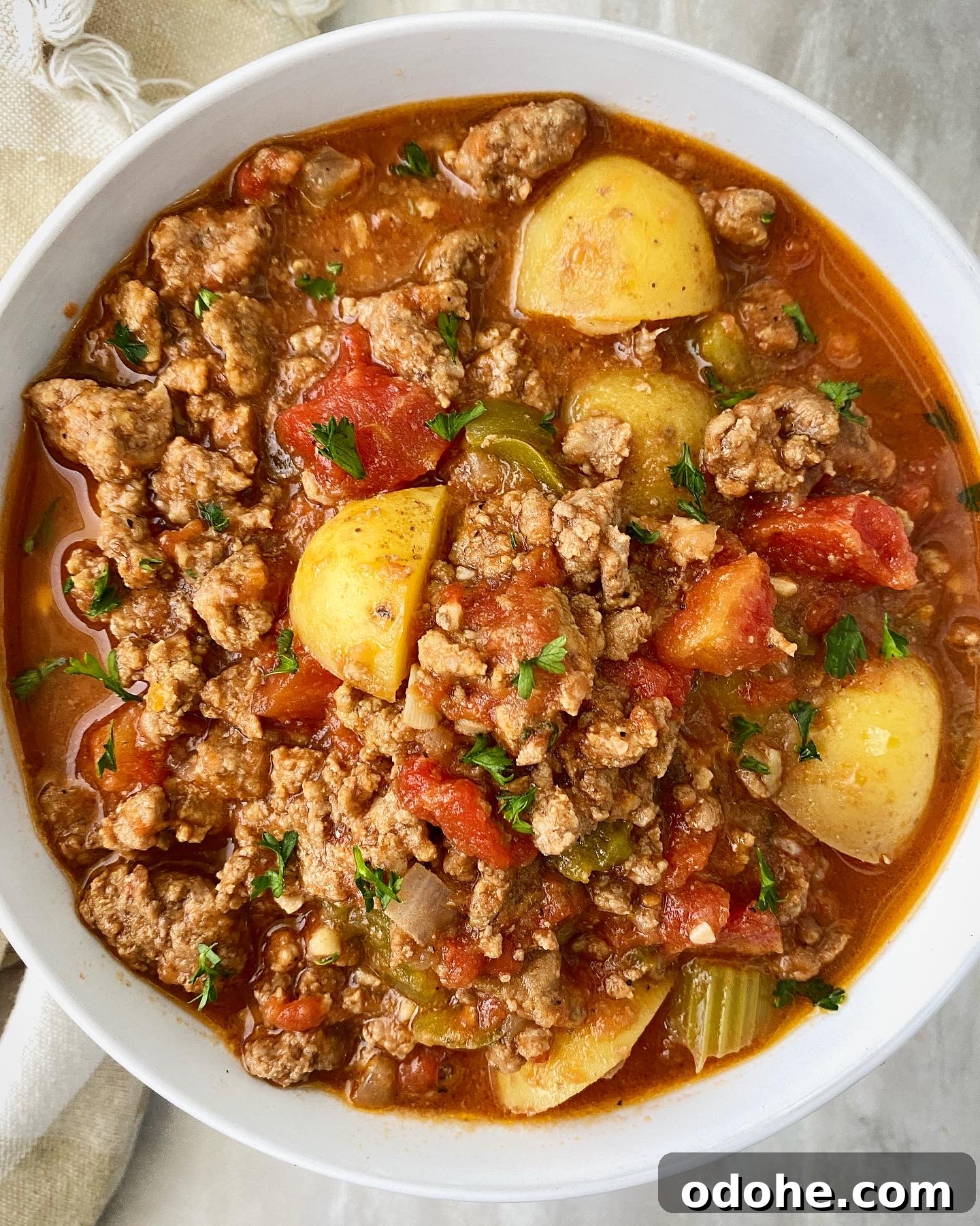 Slow Cooker Hamburger Stew Recipe — Hearty One-Pot Comfort Meal 7 overhead shot of hamburger stew in a white bowl garnished with fresh parsley
