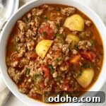 overhead shot of hamburger stew in a white bowl garnished with fresh parsley and a silver spoon