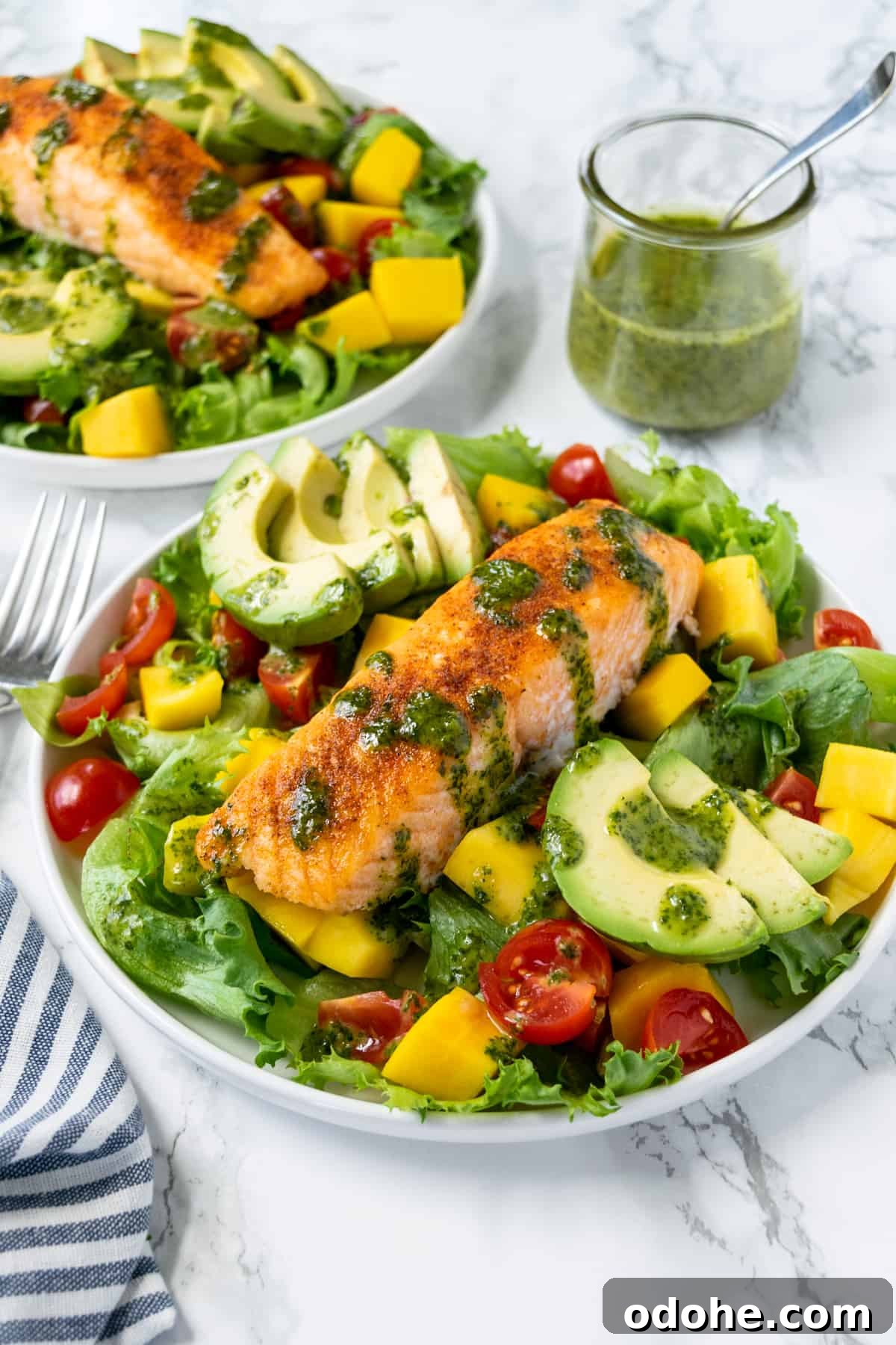 Mango and Salmon Salad with Lime-Dill Dressing 2 Mango Salmon Salad on a plate with cilantro lime vinaigrette in a jar in the background.