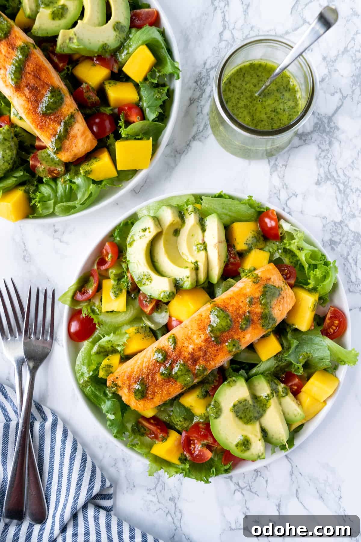 Mango and Salmon Salad with Lime-Dill Dressing 3 Mango Salmon Salad on a plate with cilantro lime vinaigrette.