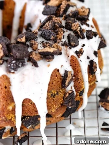 Partial view of glazed bundt cake with chopped oreos on a wire rack.
