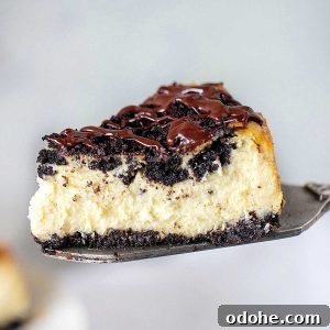 Slice of ganache topped oreo cheesecake lifted with a metal cake server. Grey background.