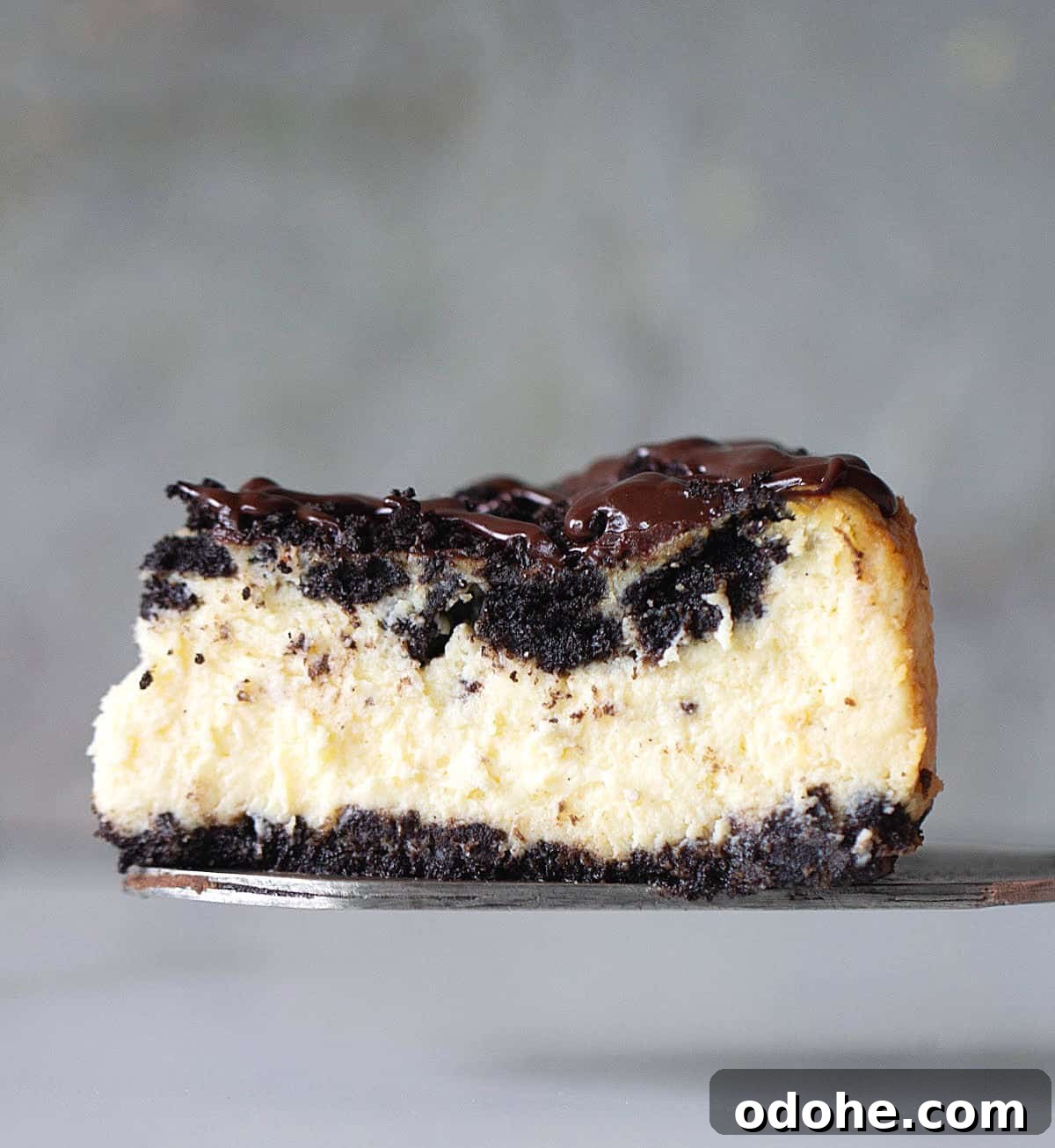 Single slice of Oreo Cheesecake on a cake server, grey background.