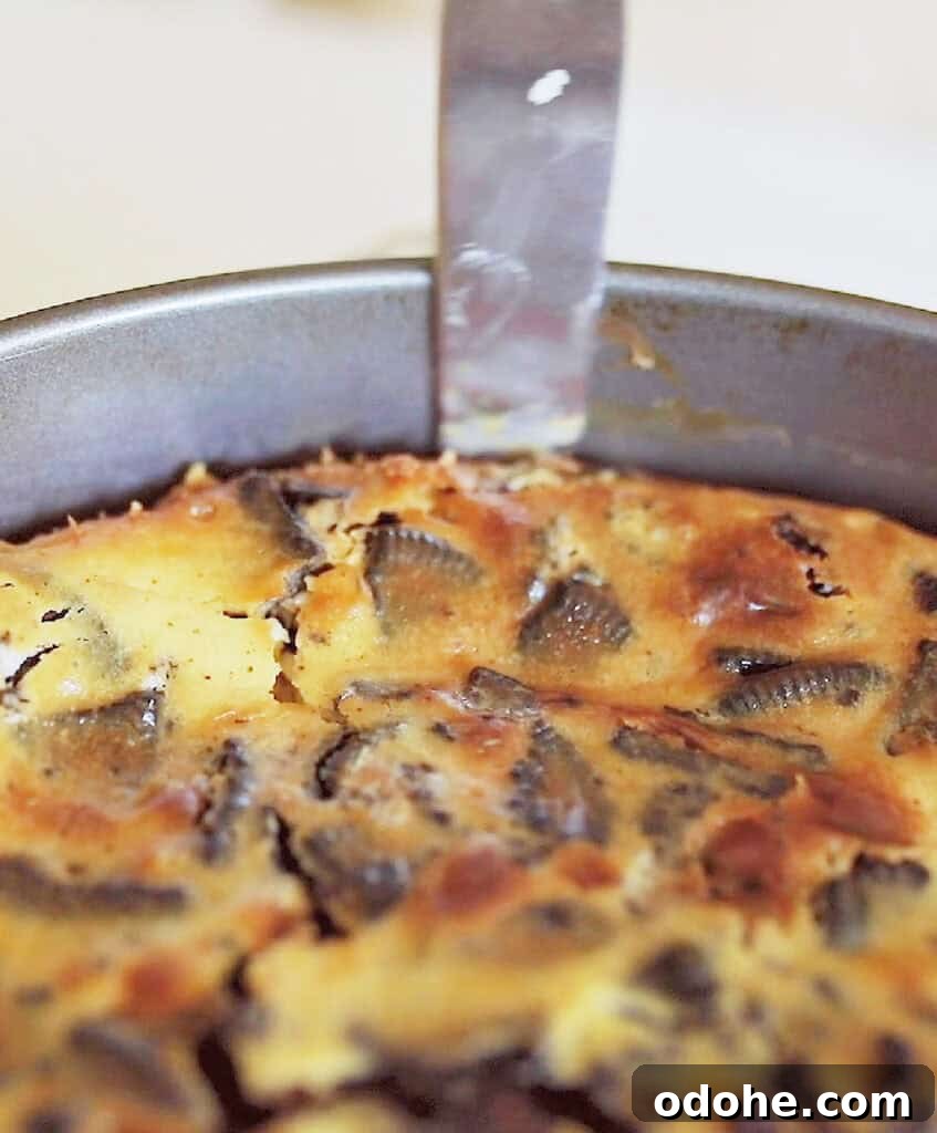 Running a knife around the edges of an Oreo cheesecake in a round pan.