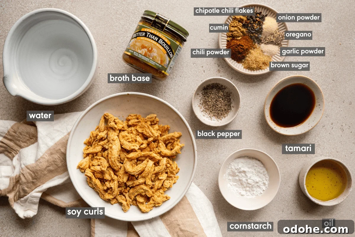 ingredients for taco spiced soy curls in various bowls on a table.