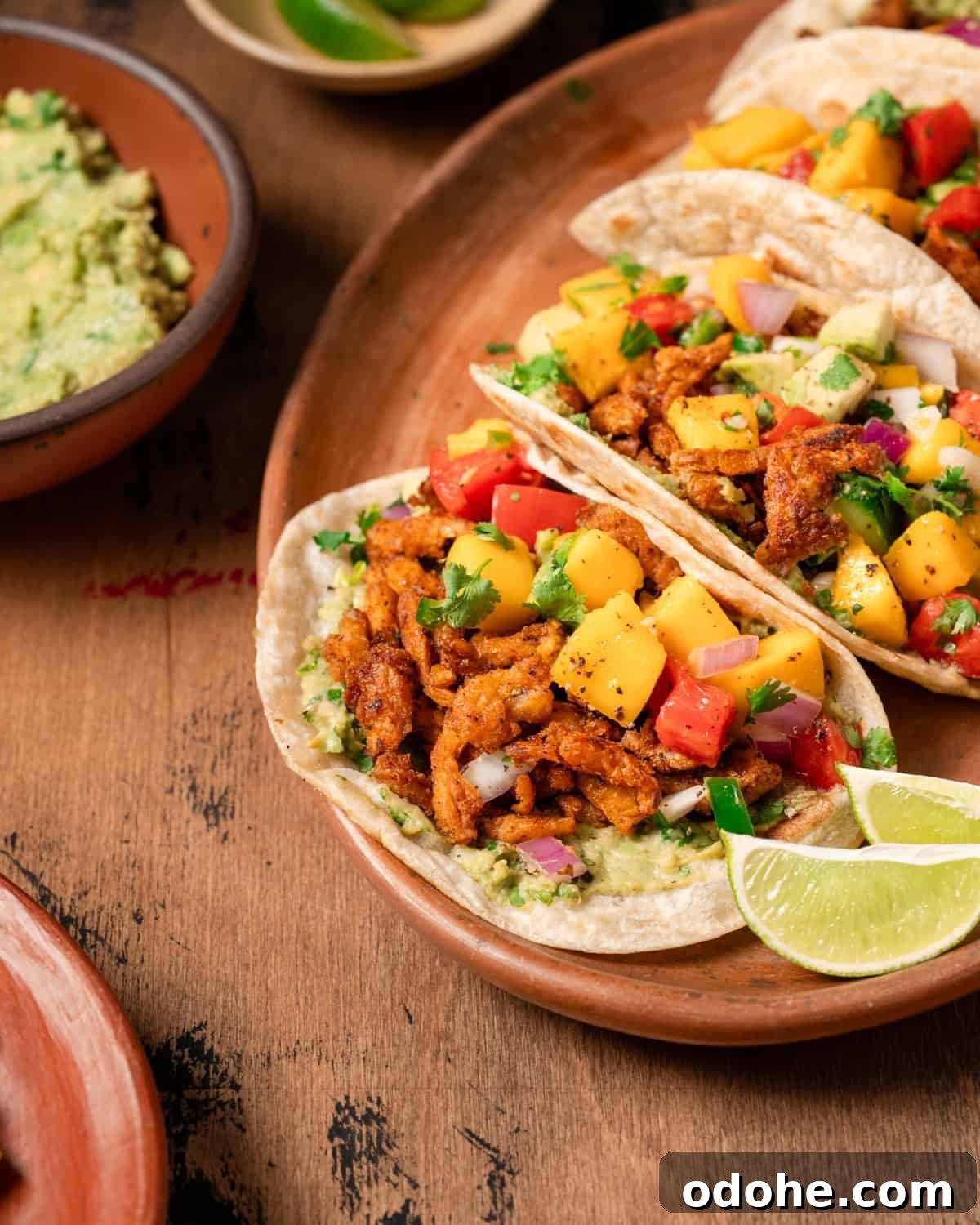close up view of vegan tacos with soy curls on a platter.