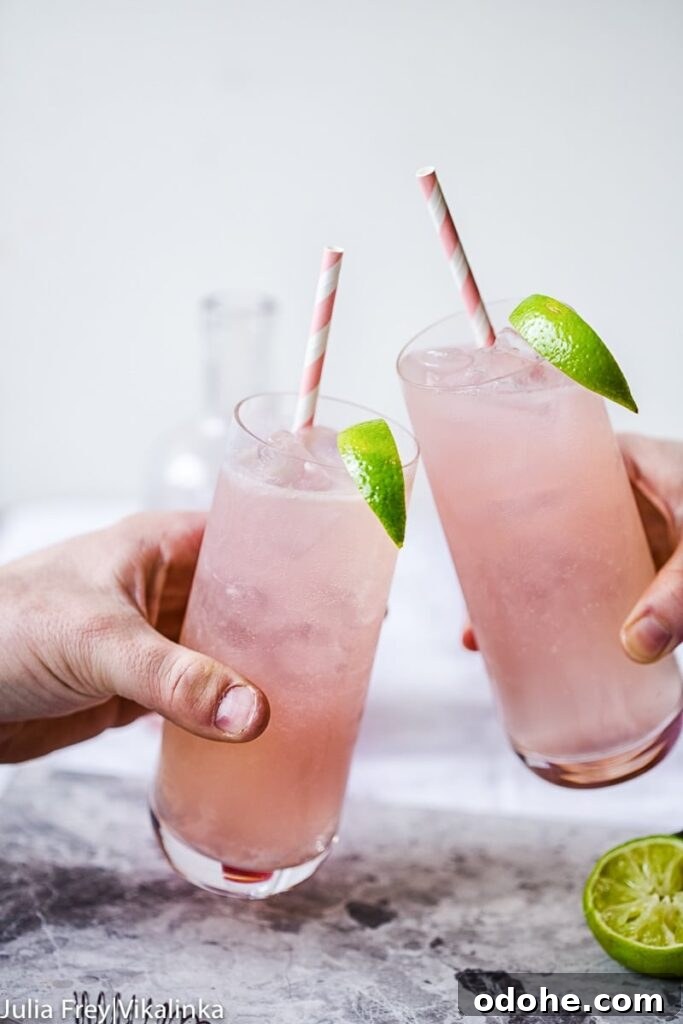 Two glasses of Rhubarb Moscow Mule brought together in toast