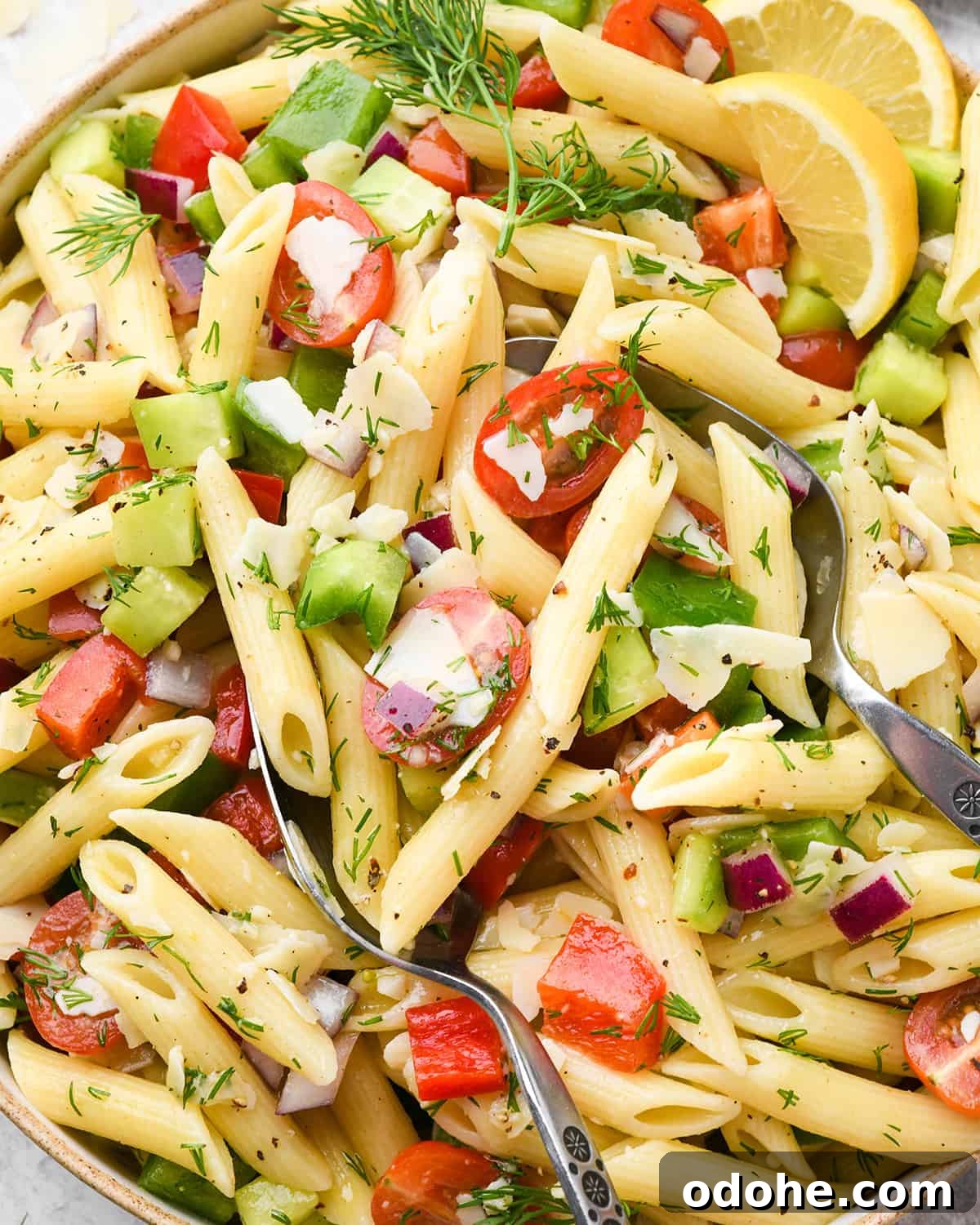 Zesty Lemon Pasta Salad with Fresh Herbs and Creamy Dressing 3 close up photo of a spoon taking a scoop of lemon pasta salad with penne pasta, fresh dill, tomatoes, cucumbers and slices of lemon in a large ceramic bowl