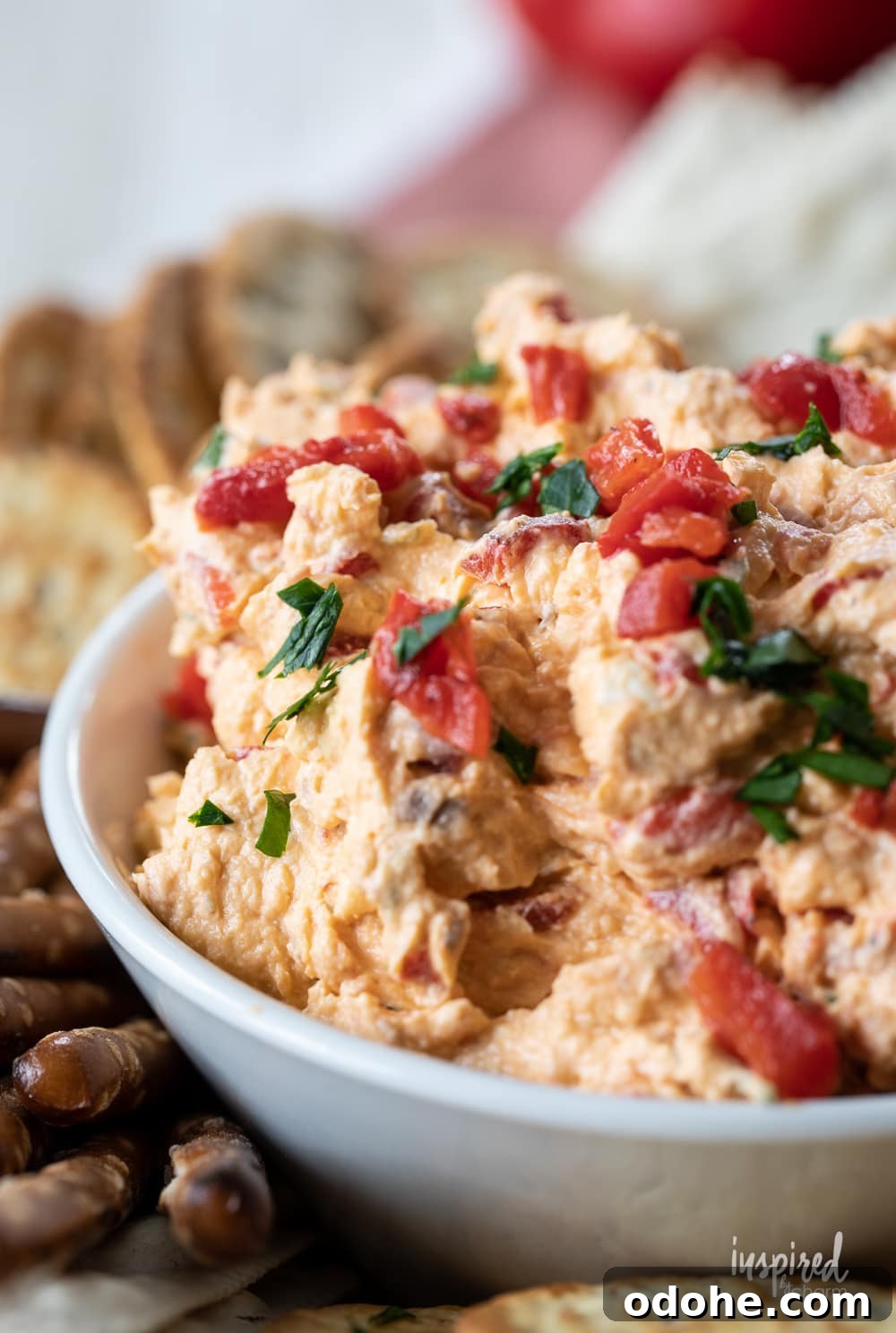Smoky Roasted Red Pepper Dip Recipe 3 close up of roasted red pepper dip in a bowl.