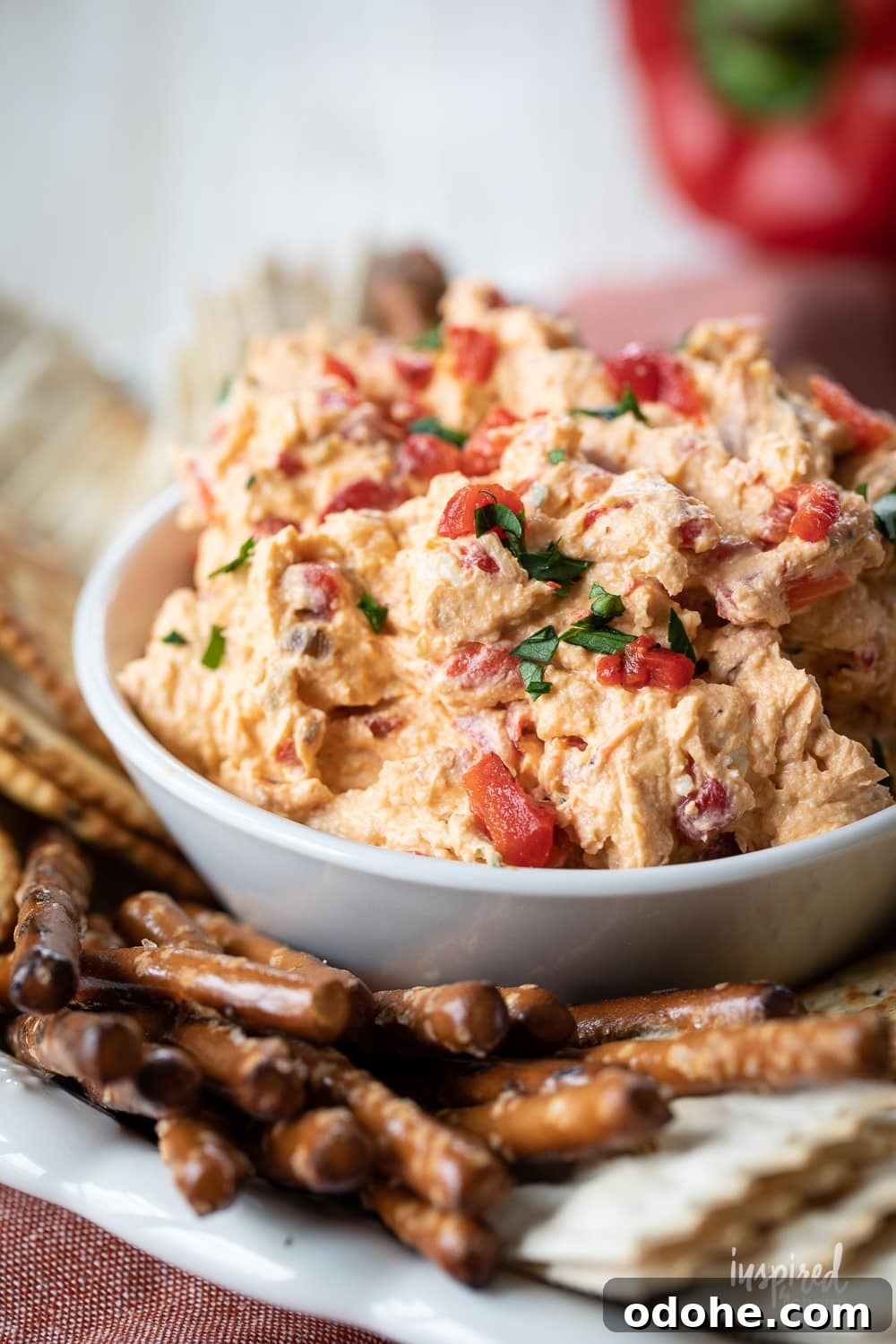 Smoky Roasted Red Pepper Dip Recipe 8 close up of roasted red pepper dip in a dish.