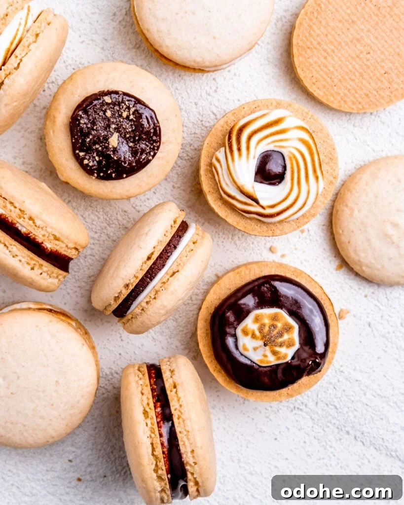 S'mores macarons laying on their side and graham cracker macaron shells with chocolate ganache and marshmallow cream piped on them