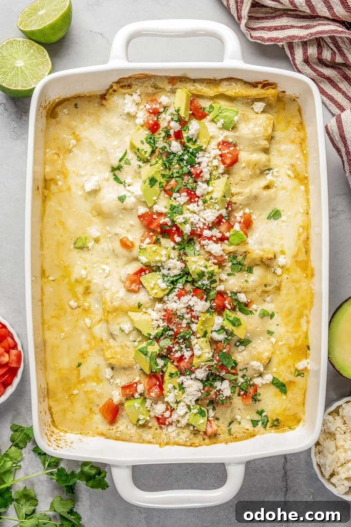 Creamy Shrimp Enchiladas Recipe 10 Top view of shrimp enchilada in a baking dish topped with cheese, diced tomatoes and avocados.