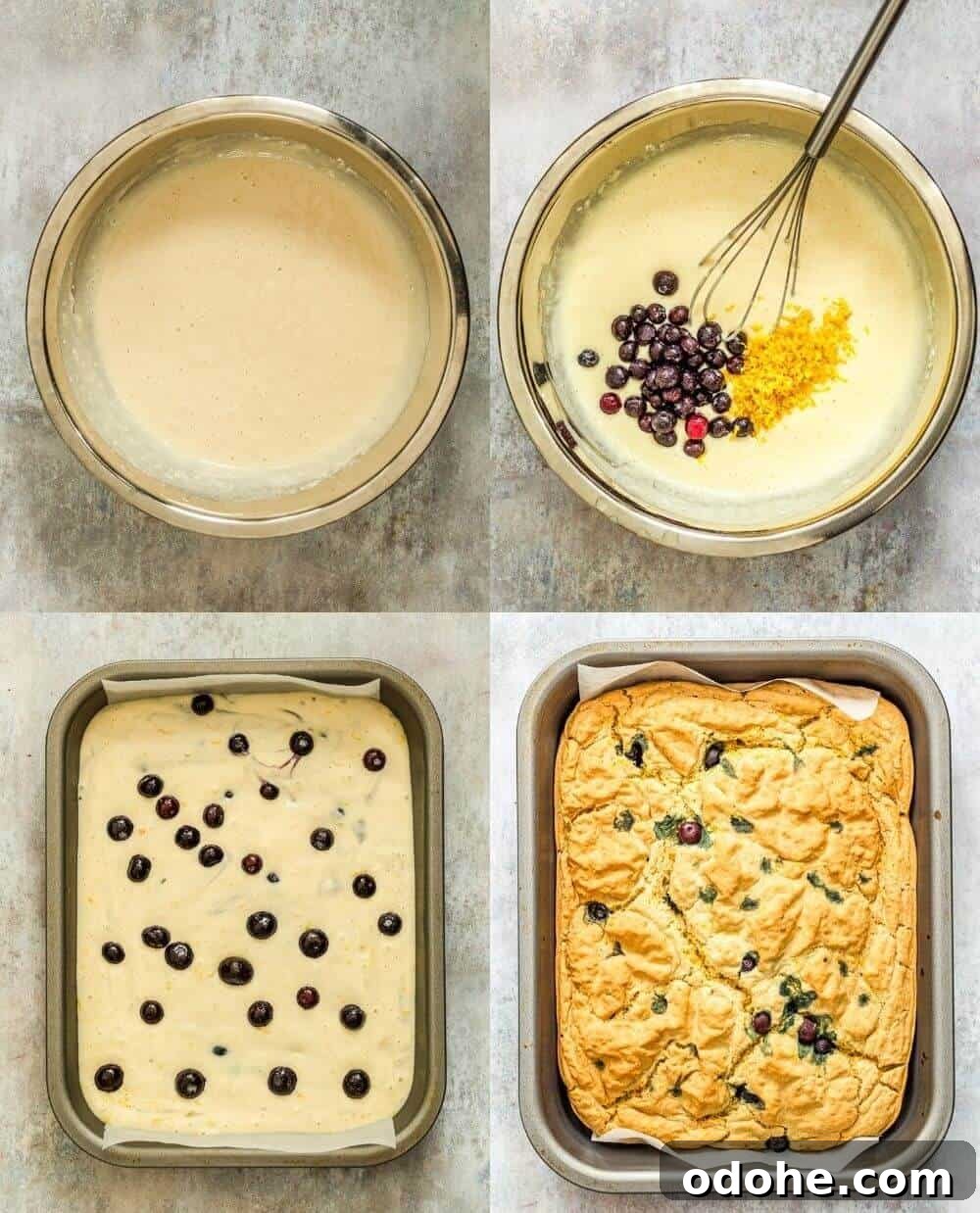 The process of make baked blueberry pancakes: 1. Combine pancake ingredients in a bowl. 2. Add in Blueberries and Lemon Zest. 3. Pour into a sheet pan. 4. Bake.