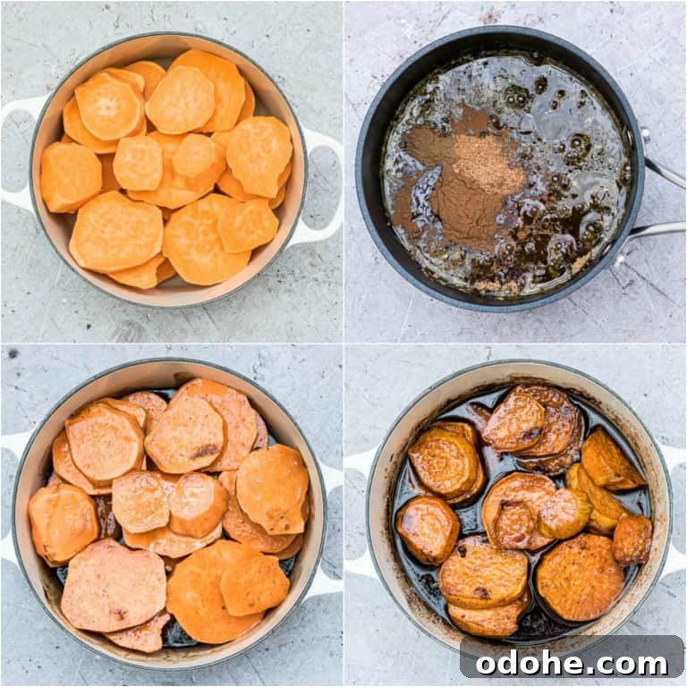 Southern Candied Sweet Potatoes with Brown Sugar and Pecans 3 image collage showing the steps for making candied sweet potatoes