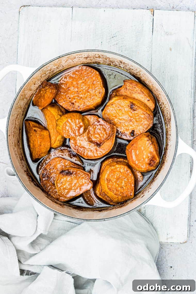 Southern Candied Sweet Potatoes with Brown Sugar and Pecans 4 top down view of candied sweet potatoes