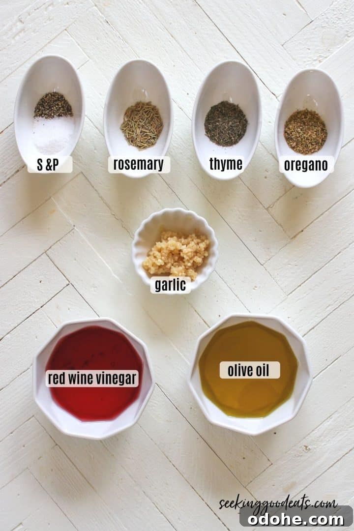 Labled ingredients needed for making marinade for lamb.
