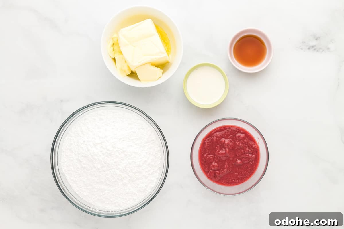 Moist Strawberry Sheet Cake Recipe for Parties and Potlucks 8 Cake ingredients arranged in bowls.