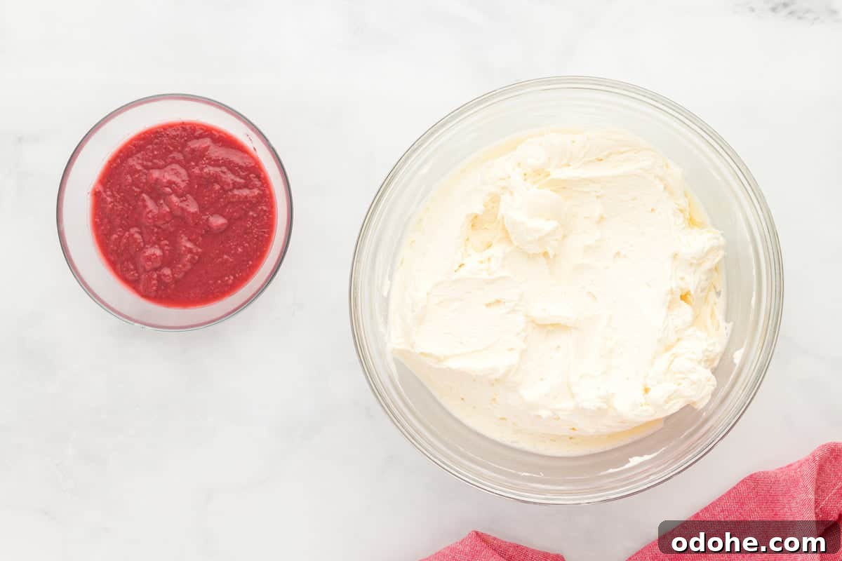 Moist Strawberry Sheet Cake Recipe for Parties and Potlucks 11 frosting ingredients in bowls.