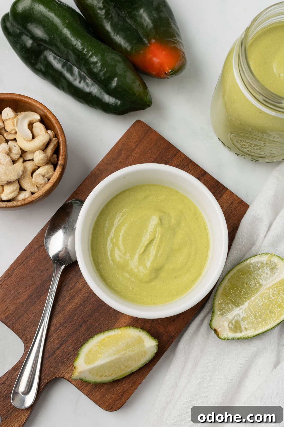 An overhead image of poblano sauce in a small bowl.