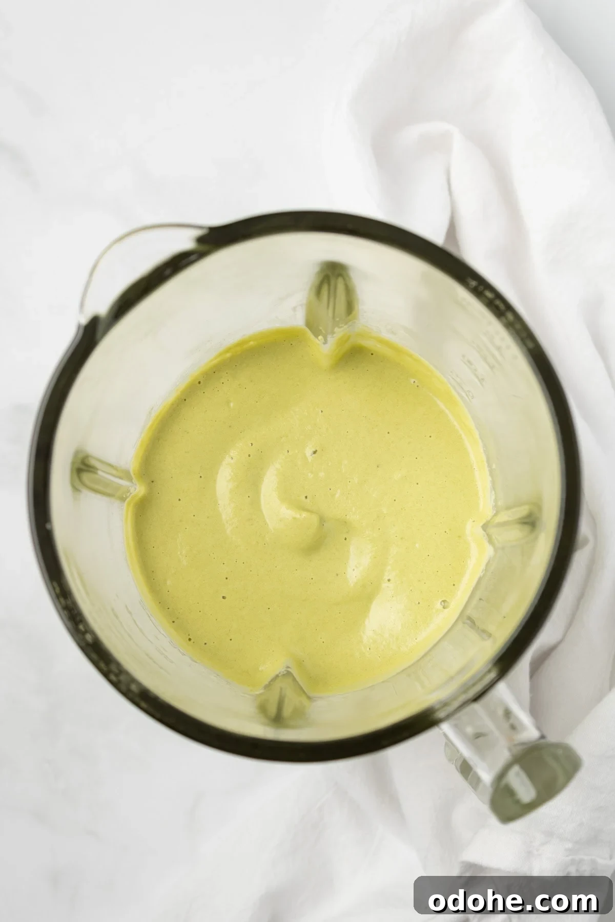 An overhead image of the blended poblano sauce.