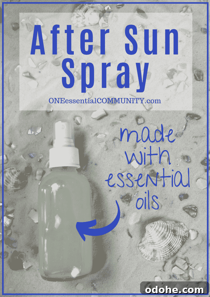 DIY after sun spray recipe made with essential oil-- refreshes & soothes sunburn, decreases itching, moisturizes skin, reducing likelihood of skin peeling and flaking, and it's cooling which feels great on hot, sunburned skin.