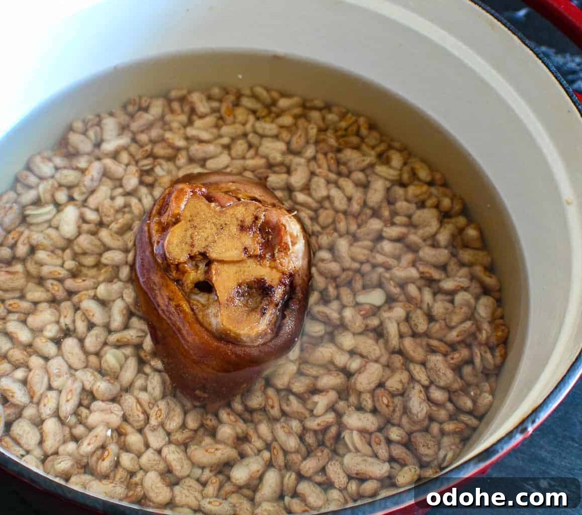 Southern Pinto Beans and Rice Recipe — Classic Soulful Side Dish 4 Dried pinto beans in a stockpot with water and a smoked ham hock.