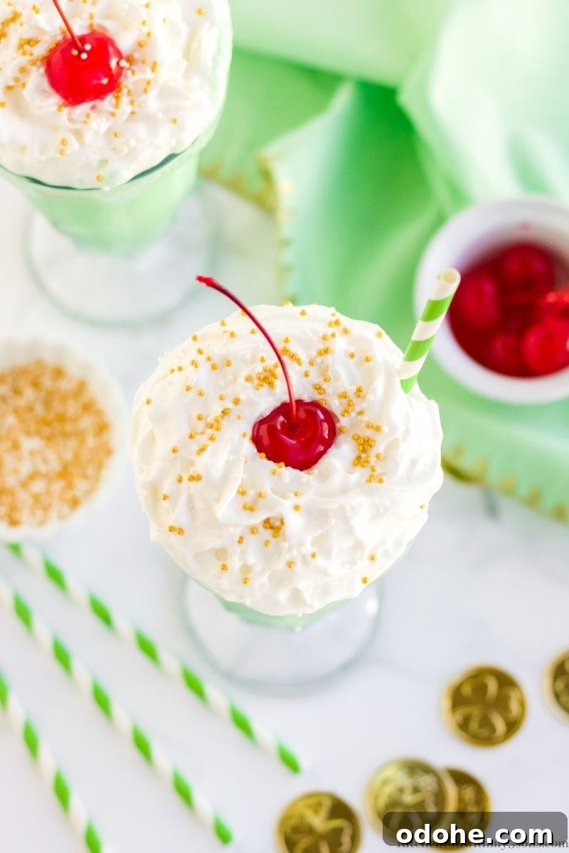Top view of a homemade Shamrock Shake topped with whipped cream, sprinkles, and a cherry.