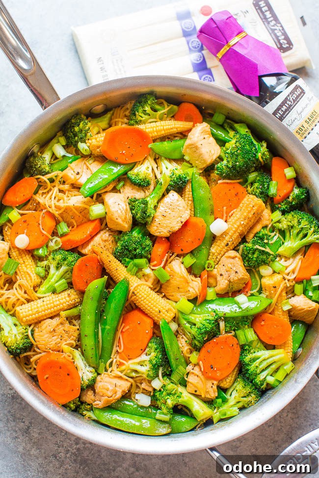 Chicken Stir-Fry with Noodles in a skillet