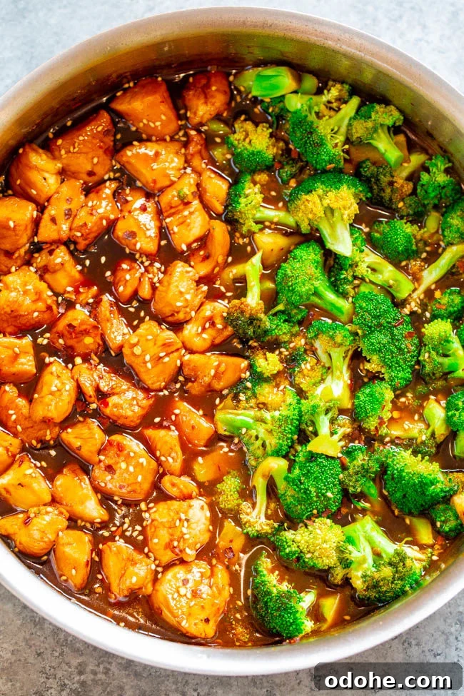 Overhead shot of Skinny 15-Minute Sesame Chicken and Broccoli