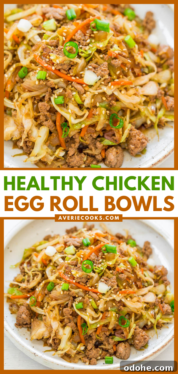 Chicken Egg Roll in a Bowl — This egg roll in a bowl is easy, ready in 15 minutes, full of flavor, has lots of texture, and is healthier than actual egg rolls!