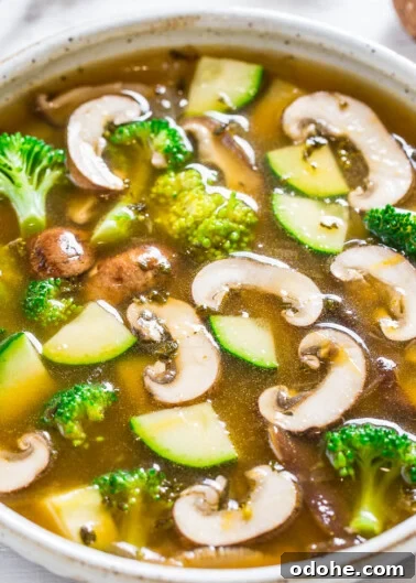 A bowl of vegetable soup with mushrooms, broccoli, and zucchini.