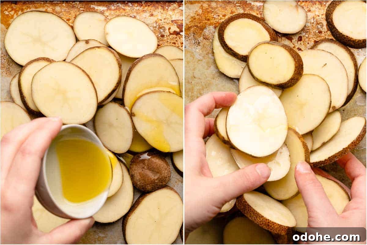 Crispy Cottage Fries Recipe: Homemade Seasoned Potato Wedges 7 collage of oil being drizzled over sliced potatoes and hands tossing sliced potatoes with oil