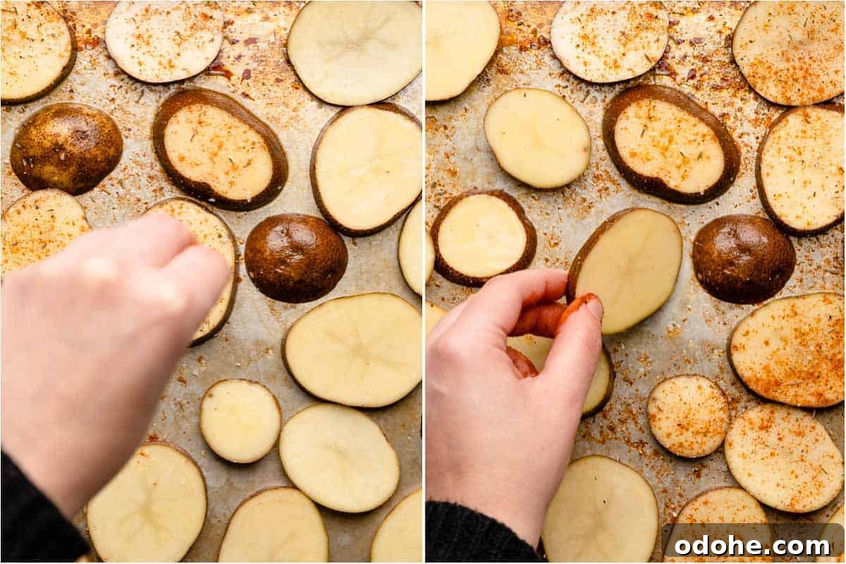 Crispy Cottage Fries Recipe: Homemade Seasoned Potato Wedges 9 collage of potatoes being seasoned on baking pan and hand turning a seasoned potato over