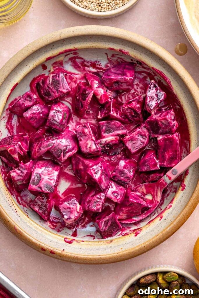 Roasted Beet Salad with Lemon Tahini Dressing and Pistachios 4 Roasted beets tossed in creamy tahini dressing