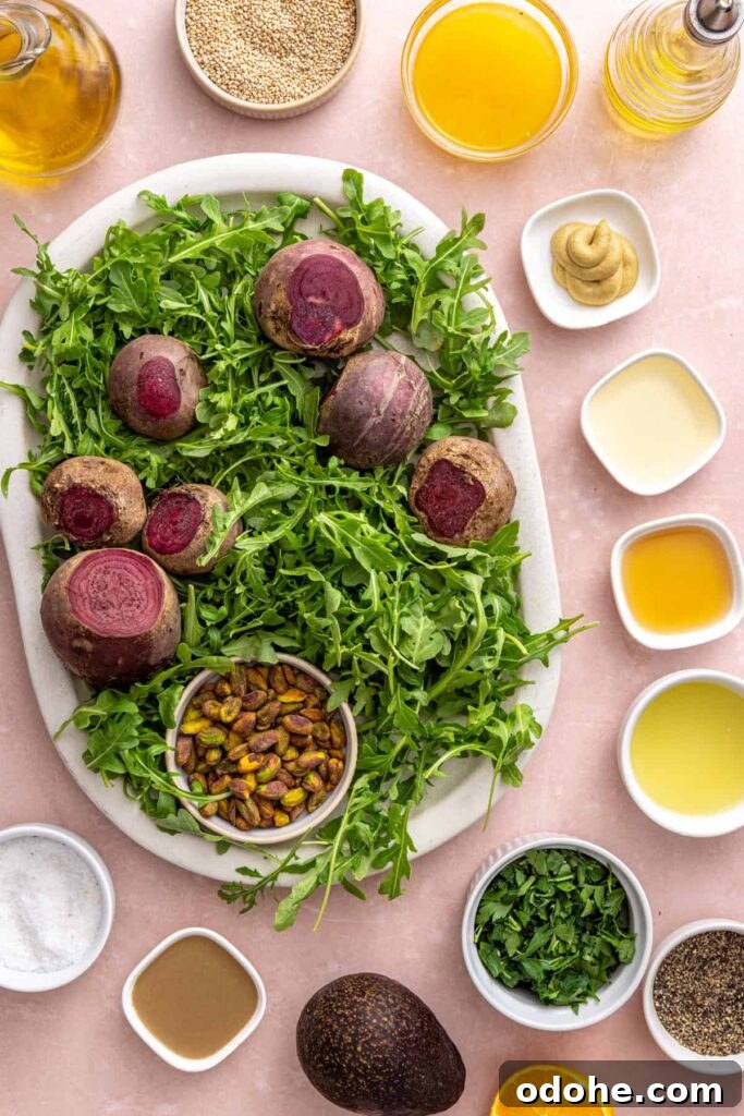 Roasted Beet Salad with Lemon Tahini Dressing and Pistachios 8 Ingredients for roasted beet salad with goat cheese arranged on a table