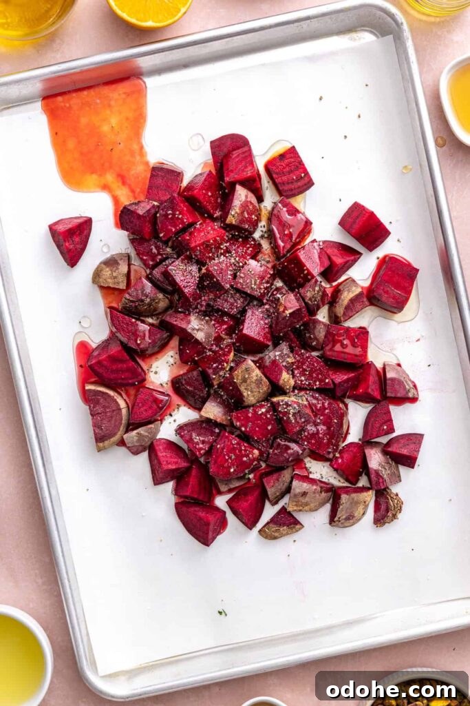 Roasted Beet Salad with Lemon Tahini Dressing and Pistachios 10 Chopped raw red beets cut into 1-inch pieces for roasted beet salad
